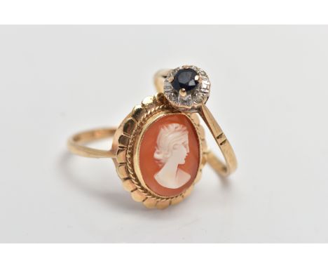 TWO 9CT GOLD RINGS, the first set with an oval carved shell cameo, depicting a lady in profile, collet set within fine rope t