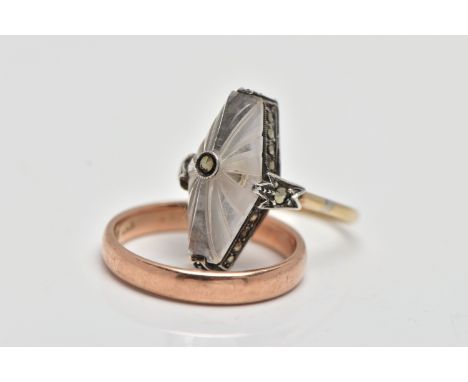 A 9CT ROSE GOLD BAND AND A GEM SET RING, the first a plain polished band ring, approximate band width 3.4mm, hallmarked 9ct B