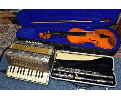 A CASED LIVINGSTONE SILVER PLATED FLUTE, A CASED 'THE STENTOR STUDENT I' VIOLIN WITH BOW AND A HOHNER MIGNON ACCORDIAN, the f