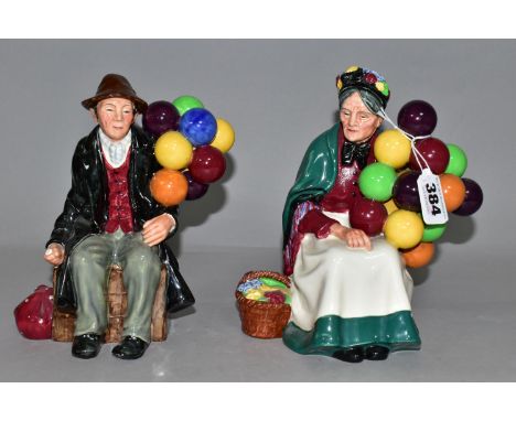 A PAIR OF ROYAL DOULTON FIGURINES, comprising The Balloon Man HN1954, and The Old Balloon Seller HN1315, with older printed g