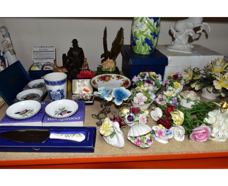 A GROUP OF CERAMIC GIFT AND TEA WARES ETC, to include an MZ Irish Dresden 'First Dance' figure group, Royal Doulton The Encha