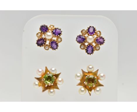 TWO PAIRS OF 9CT GOLD GEM SET EARRINGS, the first of a flower shape, set with circular cut peridot, in a surround of five cul