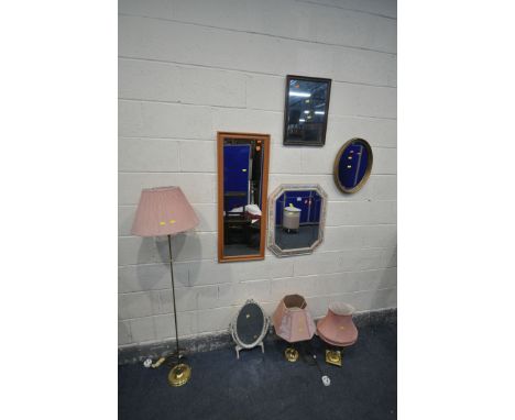 A SELECTION OF MIRRORS AND LIGHTING, to include a floral framed lead glazed wall mirror, with canted corners, a rectangular m
