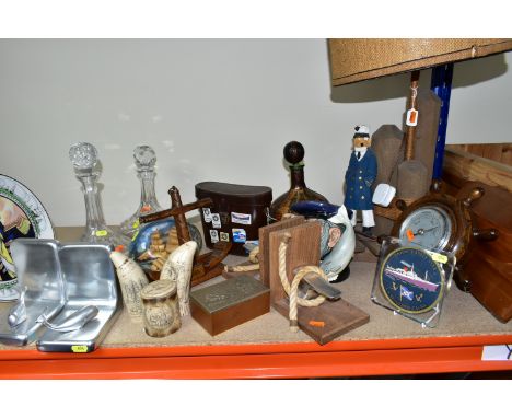 NAUTICAL INTEREST, a collection of treen, ceramics, glass and metalware on a nautical theme, including a wooden table lamp, a