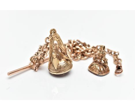 A 9CT YELLOW GOLD ALBERT CHAIN, the curb link chain with swivel lobster clasp and T bar, suspending a 9ct gold Masonic hardst