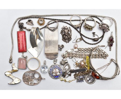 A BAG OF ASSORTED SILVER AND WHITE METAL JEWELLERY, to include an amber set cuff bangle stamped 925, a polished white metal p