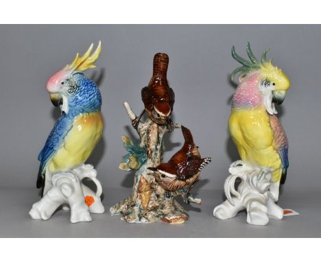 TWO KARL ENS PORCELAIN PARROT FIGURINES,  Germany - blue printed factory mark to base, height 20cm, together with a Capodimon