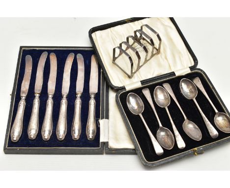 A BOX OF ASSORTED SILVER ITEMS, to include a small silver toast rack, hallmarked 'Marson &amp; Jones' Birmingham, a cased set