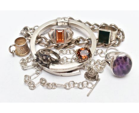 A BAG OF ASSORTED JEWELLERY, to include a silver curb link bracelet fitted with a lobster clasp and additional safety chain, 
