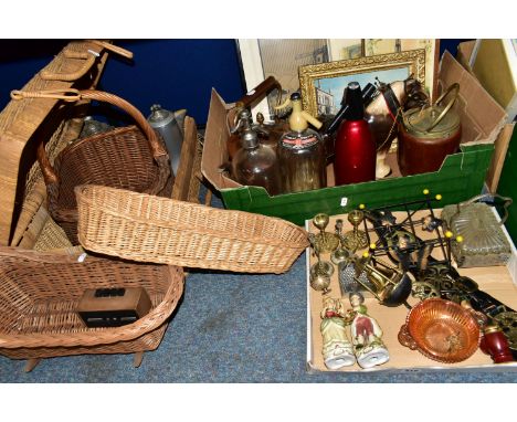 TWO BOXES AND LOOSE BASKETS, METALWARES, CERAMICS, GLASS AND PICTURES, to include a brass bell in the form of a buoy, a coppe