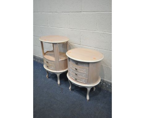 A FRENCH HARDWOOD OVAL LAMP TABLE, with two drawers, width 48cm x depth 38cm x height 74cm, and a matching four drawer bedsid