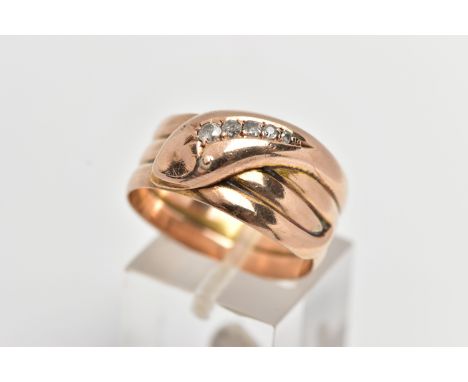 A 9CT COILED SNAKE RING, wide band of a coiled snake, the head is set with five graduated round brilliant cut and single cut 