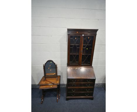 A 20TH CENTURY MAHOGNAY BUREAU BOOKCASE, with two astragal glazed doors, enclosing two adjustable shelves, above a fall front