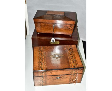 A REGENCY ROSEWOOD TEA CADDY AND TWO WRITING SLOPES, the tea caddy of sarcophagus form supported on four bun feet, with key, 