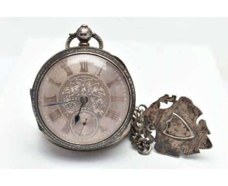 AN EARLY 20TH CENTURY OPEN FACE POCKET WATCH AND ALBERT CHAIN, the key wound pocket watch with a floral decorated round silve