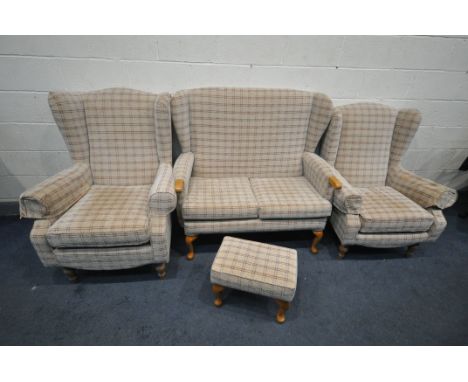 A HSL BEIGE AND TARTAN FOUR PIECE LOUNGE SUITE, comprising a two seater sofa, length 120cm, two armchairs, and a footstool (c