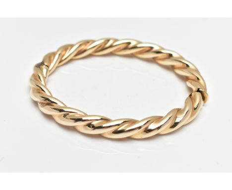 A MODERN 9CT YELLOW GOLD HINGED BANGLE, designed as a plain polished twist, with concealed push piece clasp, import marks for