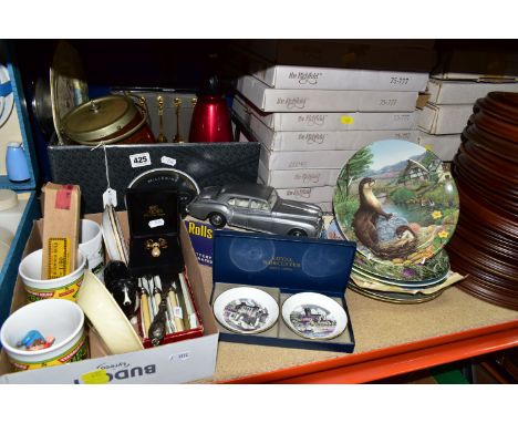 TWO BOXES AND LOOSE CERAMICS, METALWARES, AND SUNDRY ITEMS, to include seven boxed collectors plates with wildlife/rural them