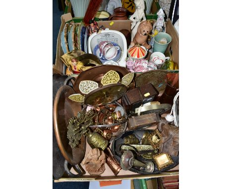 THREE BOXES AND LOOSE METALWARE, CLOCKS, TWO PEGGY NISBET COSTUME DOLLS AND ASSORTED CERAMICS, PICTURES, MIRRORS, ETC, includ