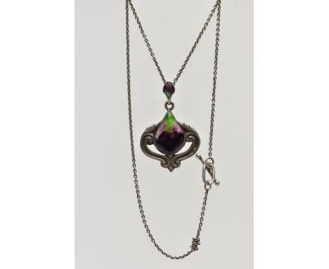 AN ARTS AND CRAFTS ENAMEL PENDANT NECKLACE, the pear drop pendant decorated with green and purple enamel, within a scroll det