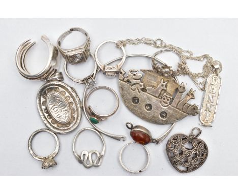A BAG OF ASSORTED SILVER AND WHITE METAL JEWELLERY, to include a silver bangle with an amber cabochon clasp, hallmark rubbed,