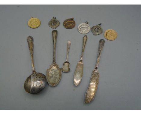 Angling pendants 2 are silver, plated spoons and knives