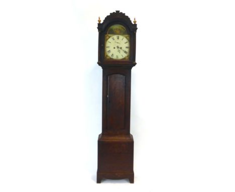 For Restoration: an 18th century longcase clock, the painted face with decorative spandrels, Roman numerals, secondary dial a