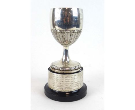 A Victorian silver and parcel gilt trophy goblet of typical form having acanthus leaf decoration above a laurel wreath foot, 