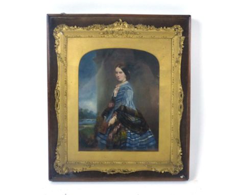 AMENDED DESCRIPTION:English School, 19th century,A half length portrait of a young beauty wearing a blue gown,unsigned,overpa