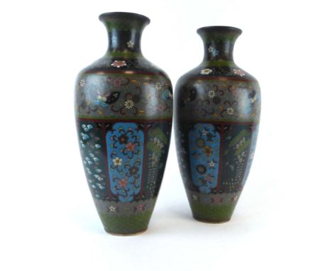 A pair of late 19th/early 20th century Chinese cloisonne vases of slender baluster form typically decorated with insects and 