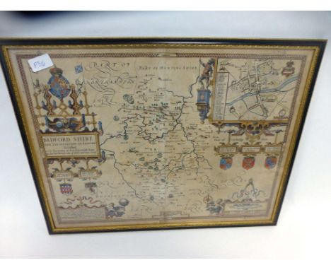 John Speed : Bedfordshire, printed date 1610.  Hand-coloured panels featuring heraldic cartouches, 'Bedforde' town plan, scal