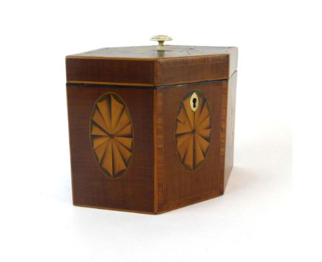 A 19th century mahogany, crossbanded and marquetry caddy, h. 12 cm CONDITION REPORT: No visible repairs. Cracking to top, sli