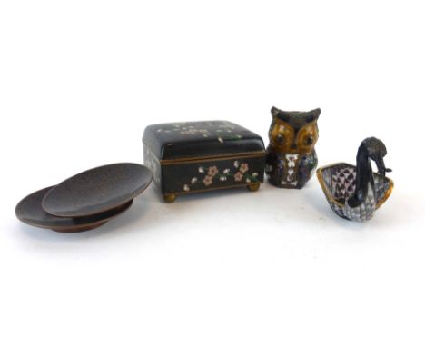 A Chinese cloisonne box and cover of cushioned rectangular form decorated with prunus on a famille noir ground, w. 9 cm, toge