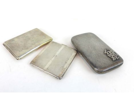 A German metalware bark design cigarette case of cushioned rectangular form applied with stylised initials, l. 13 cm, togethe