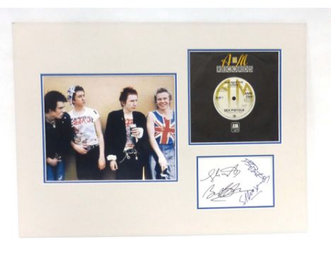 Sex Pistols: A 45 cover for 'God Save the Queen', a colour lithographic print of the band and a piece of paper bearing all fo