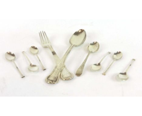 A Victorian silver Kings pattern table fork and matching table spoon, together with a set of six silver seal end teaspoons an