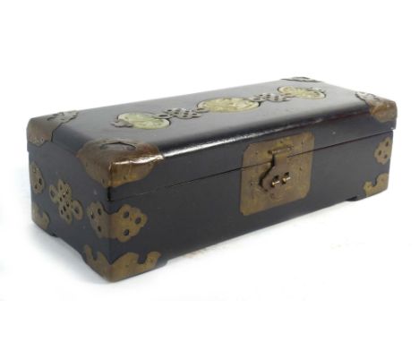 A Chinese metalware mounted glove/pen box of rectangular form having three oval carved (?)jade roundel's, w. 25.5 cm CONDITIO