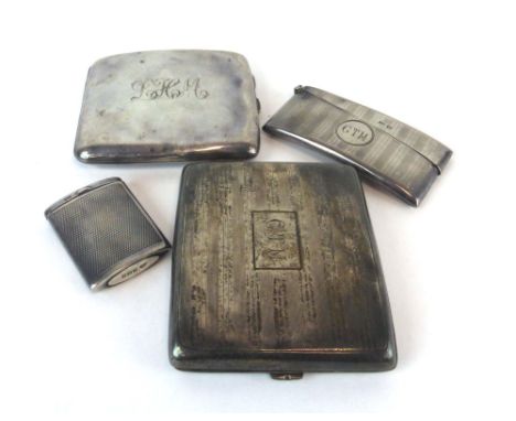 Two early 20th century silver cigarette cases, a silver vesta case and a silver calling card case, various dates and makers, 