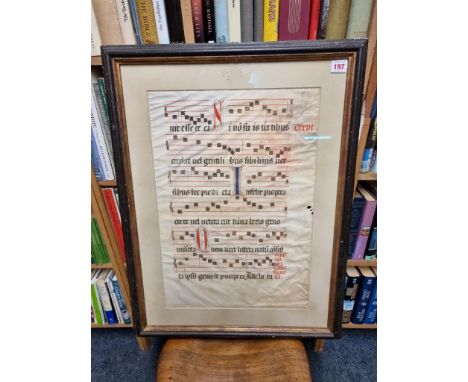 MISSAL LEAF:&nbsp;a large manuscript missal leaf on vellum, musical notation with large decorative initials in red and blue, 