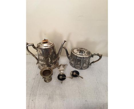 Silver plated items including shell salts with blue liners, coffee and teapot