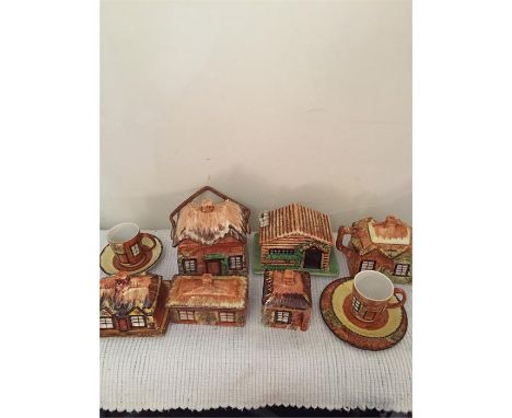 Price Kensington cottage ware. Teapot, butter dishes, biscuit barrel and mugs