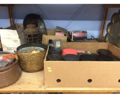 Shelf including jars, brassware etc.