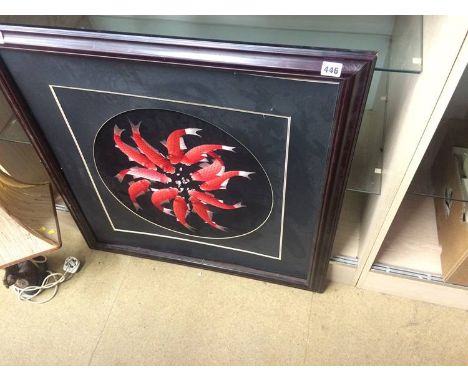 An Oriental embroidered picture and lamp