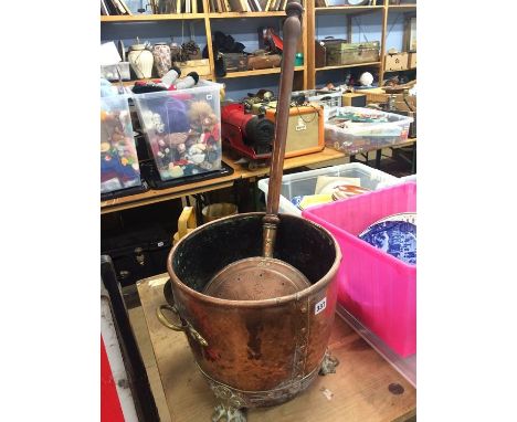 Copper coal scuttle, shell case, lamp etc.
