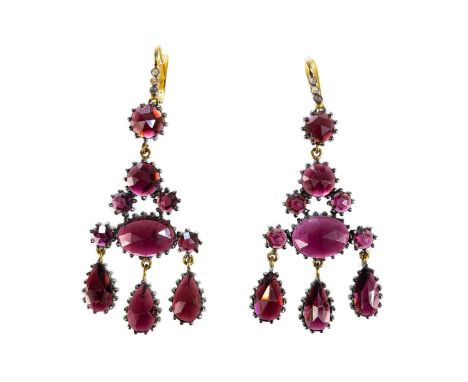 A pair of Georgian style silver gilt garnet and diamond set girandole earrings. Set with mixed shape rose cut stones in claw 