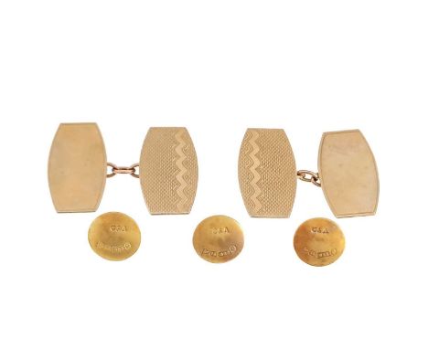 A pair of 9ct engine turned cufflinks and an Edwardian 15ct set of three shirt buttons. Hallmarked Birmingham 1960, 3.78g; th