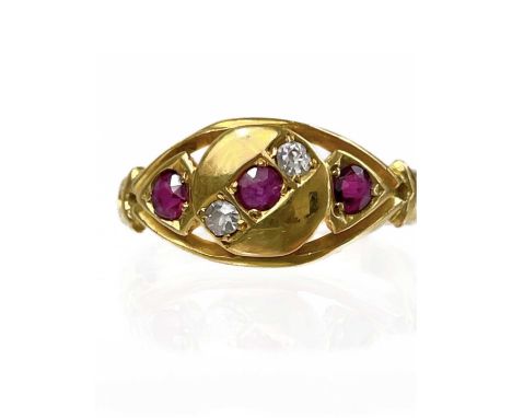 An Edwardian 18ct gold diamond and ruby five stone ring. The two round cut diamonds of 0.03ct and the three rubies each of 0.