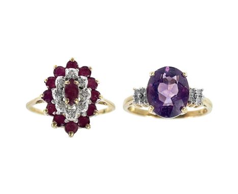 A 9ct amethyst and diamond set ring by Rocks & Co. Size N 1/2; together with a 9ct ruby and diamond cluster ring, size M, 4.4