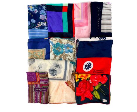 Eleven various vintage designer printed silk scarves. Two by Liberty of London, Laura Ashley, Thinkell and Pierre Balmain.One