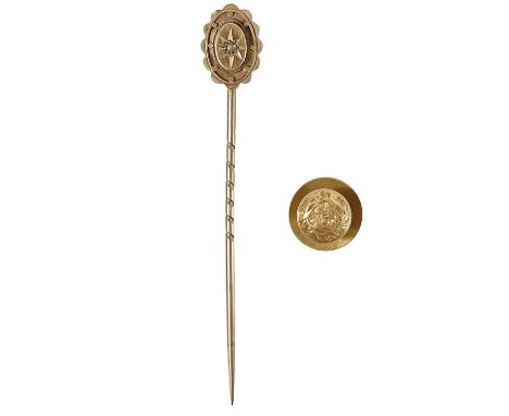 An 18ct shirt stud and a 9ct diamond set stick pin. The shirt stud stamped 18ct, 1g; the pin stamped 9ct, 1.37g, total weight